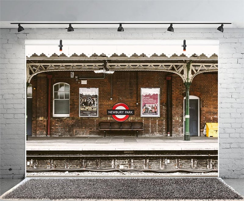 AOFOTO 7x5ft Train Station Backdrop Railway Platform Old Brick Wall Nostalgic Playbill Bench Photography Background Locomotive Track City Buildings Portrait Photoshoot Studio Props Vinyl Wallpaper - Image 2